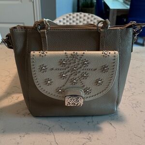 Adorable Brighton, deep taupe leather Crossbody bag with light beige flap